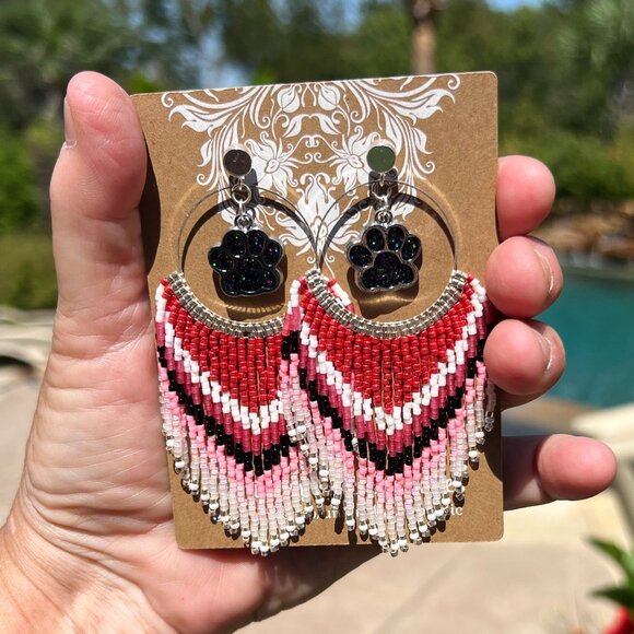 Handmade Beaded Long Fringe Paw Love Dangle Drop Lightweight Post Hoop Earrings - Picture 7 of 9